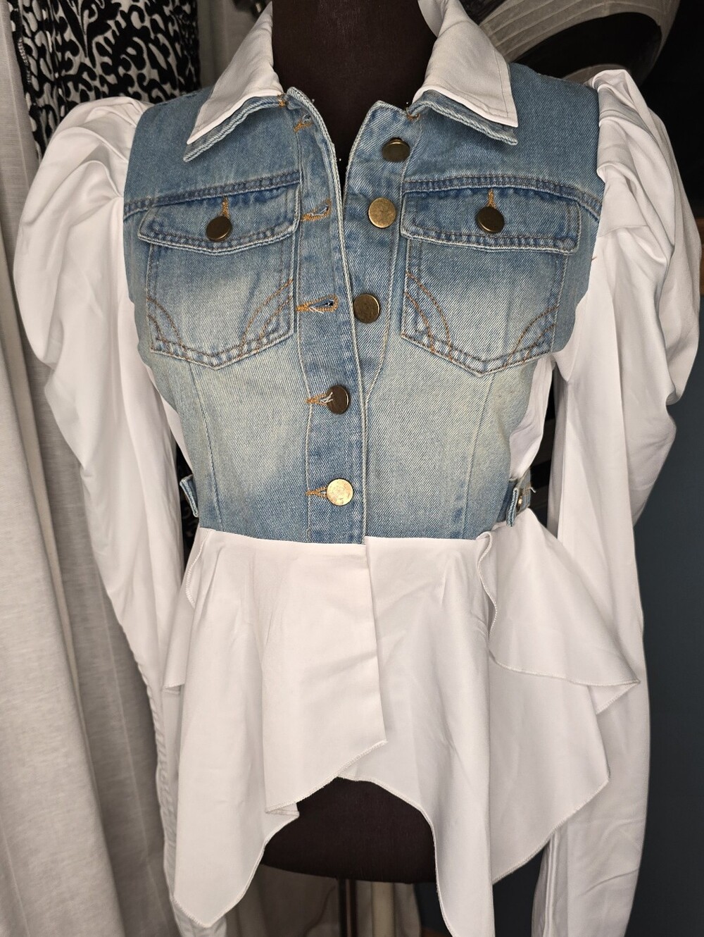 NWT Akira Denim Button Front Corset Top with White Peplum